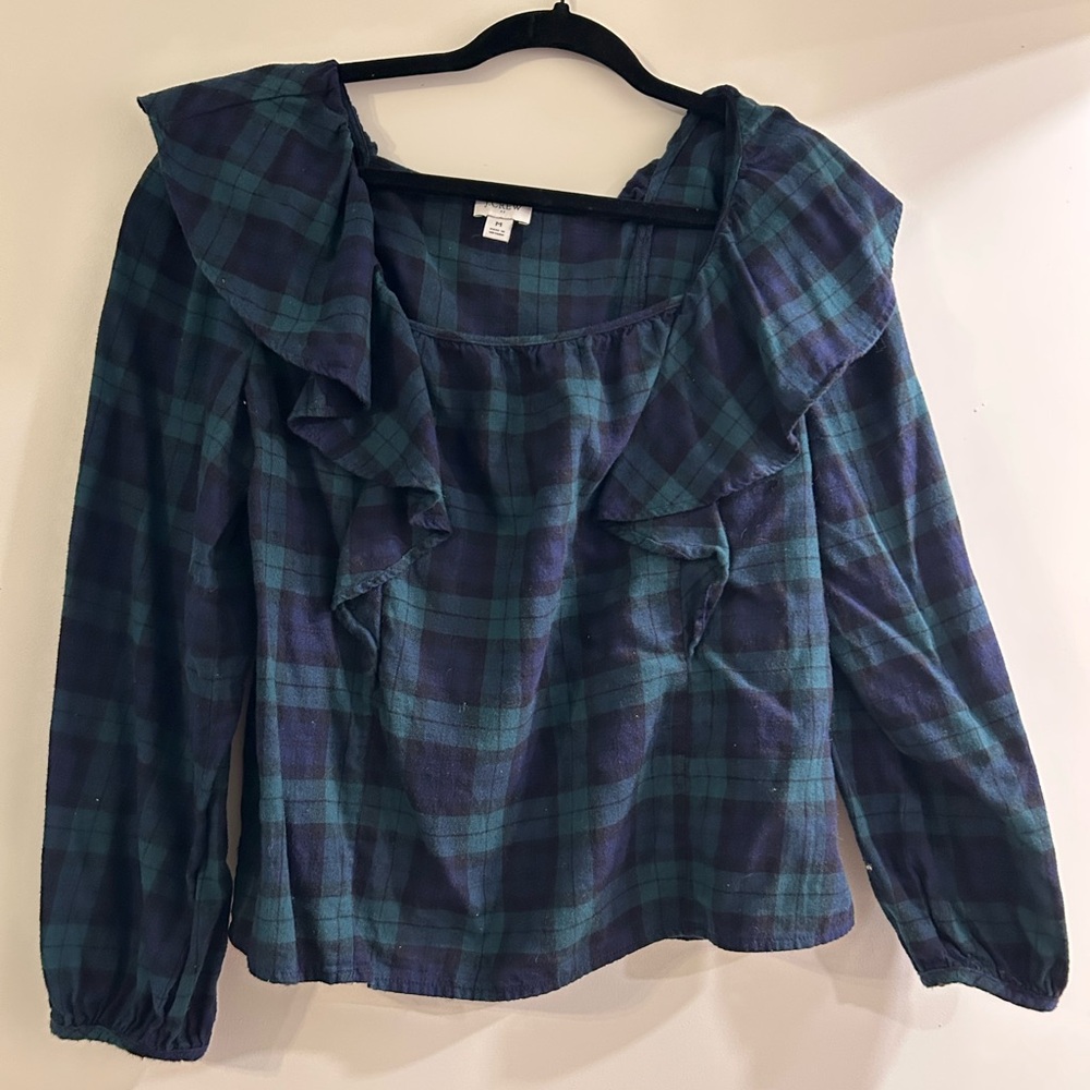 J. Crew Blue and Green Plaid Ruffle Blouse